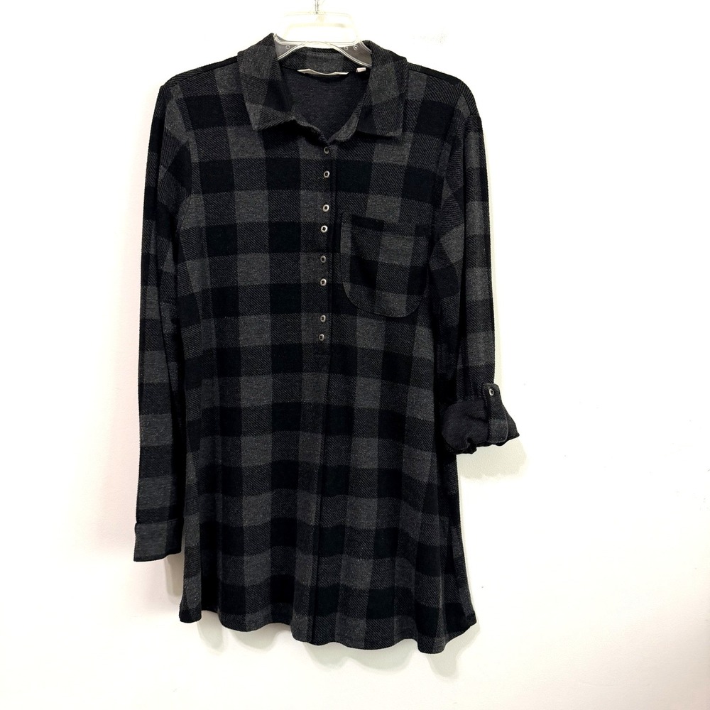 Soft Surroundings Flannel Tunic M Mad About You Roll Tab Sleeve Cozy Fall 2CB29